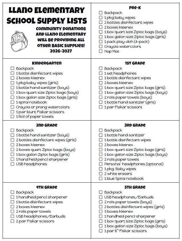 School Supplies list